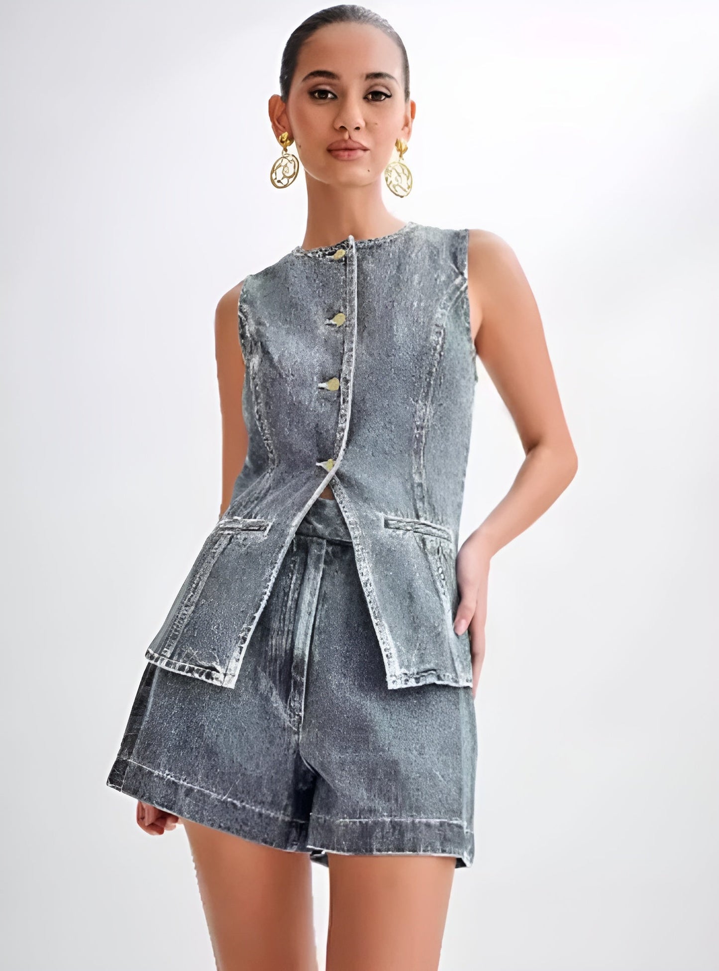 SARA | Trendy Denim Button Up sæt