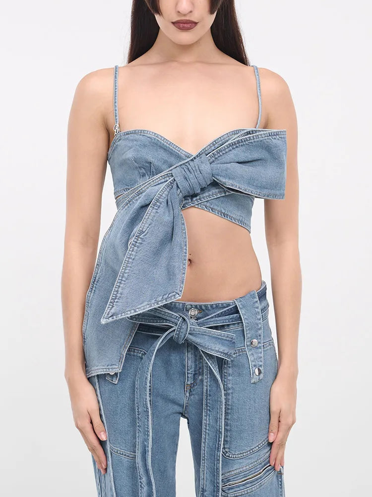 Bow Lace Up Denim Top