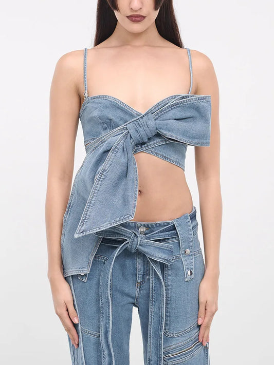 Bow Lace Up Denim Top