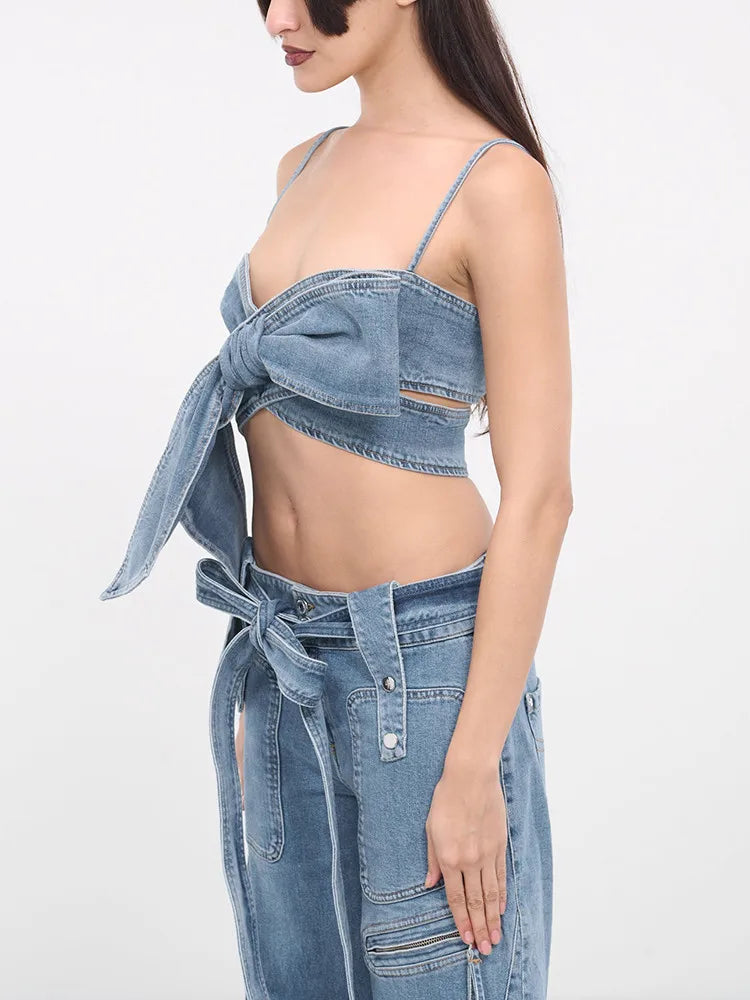 Bow Lace Up Denim Top